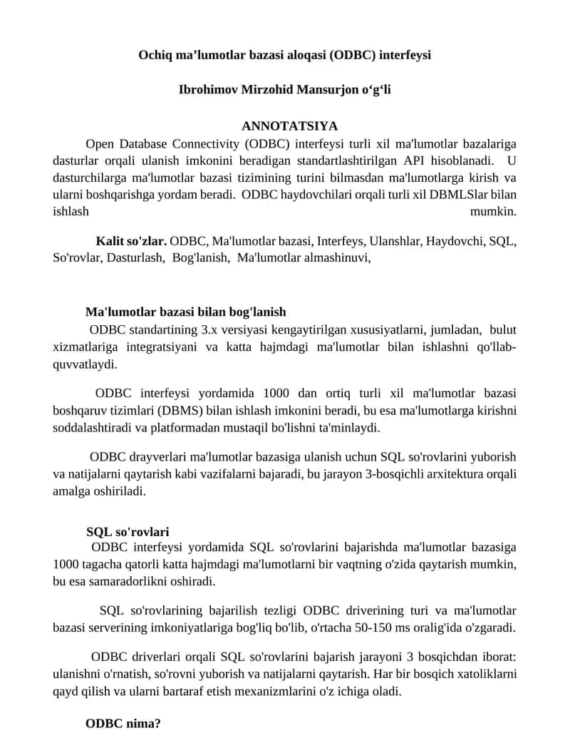 Ochiq ma’lumotlar bazasi aloqasi (ODBC) interfeysi