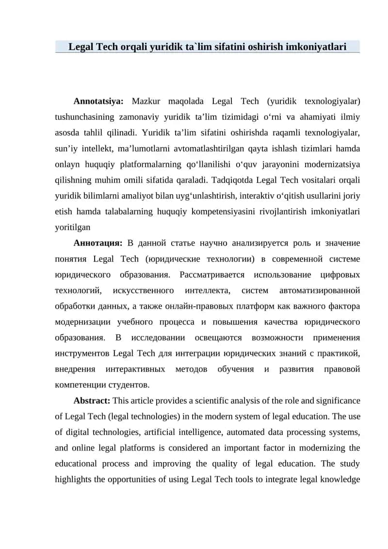 Legal Tech orqali yuridik ta`lim sifatini oshirish imkoniyatlari