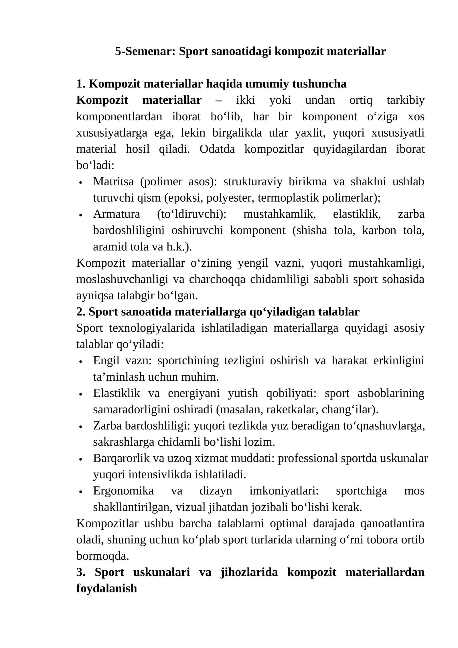 Sport sanoatidagi kompozit materiallar