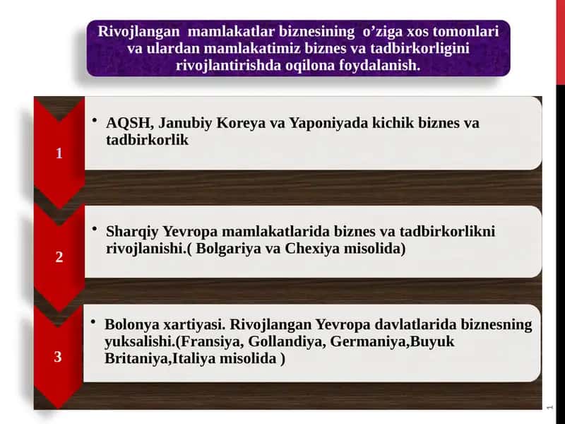 Rivojlangan  mamlakatlar biznesining  o’ziga xos tomonlari va ulardan mamlakatimiz biznes va tadbirkorligini rivojlantirishda oqilona foydalanish.