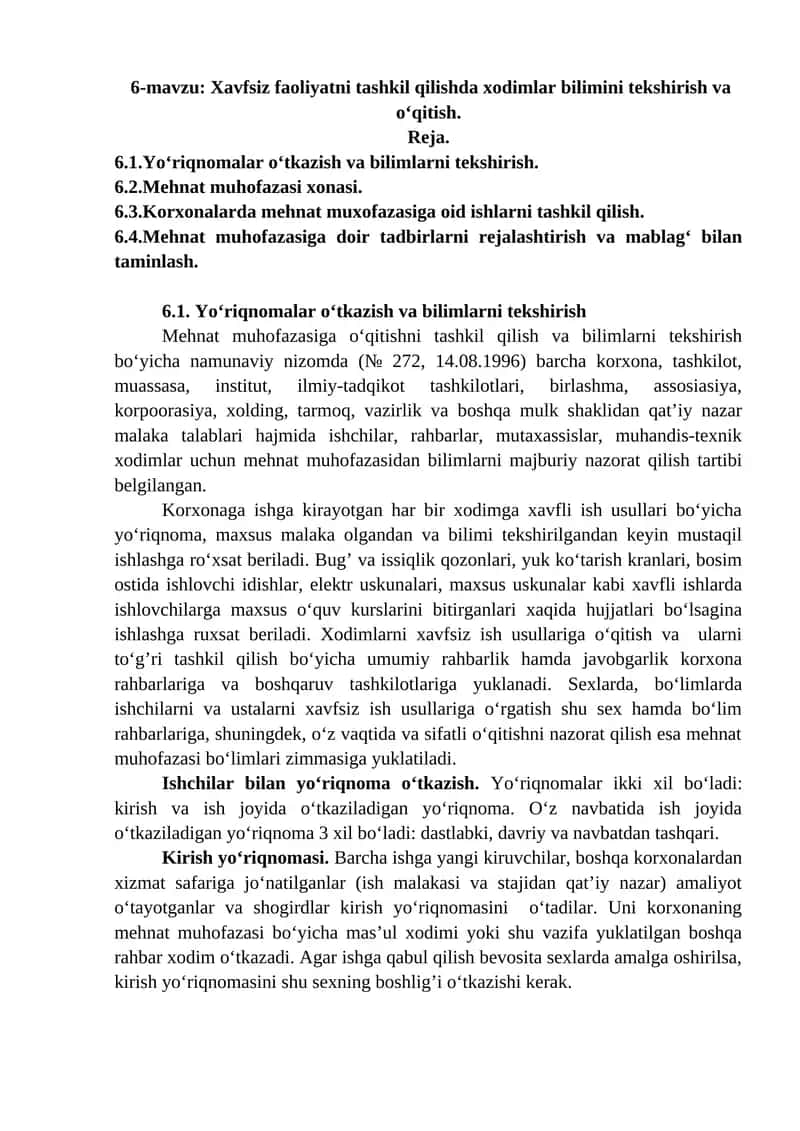 6-mavzu: Xavfsiz faoliyatni tashkil qilishda xodimlar bilimini tekshirish va o‘qitish.