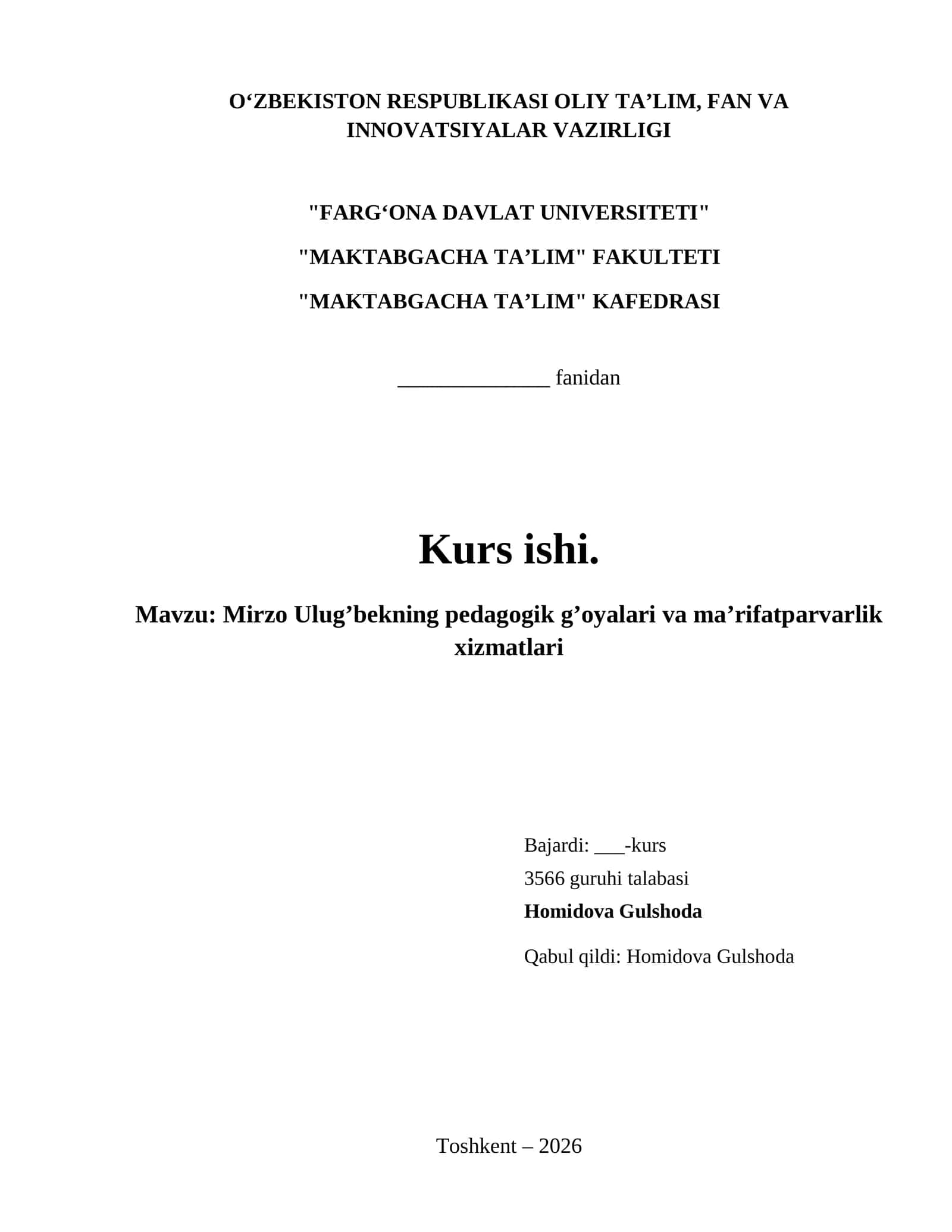 Mirzo Ulug’bekning pedagogik g’oyalari va ma’rifatparvarlik xizmatlari