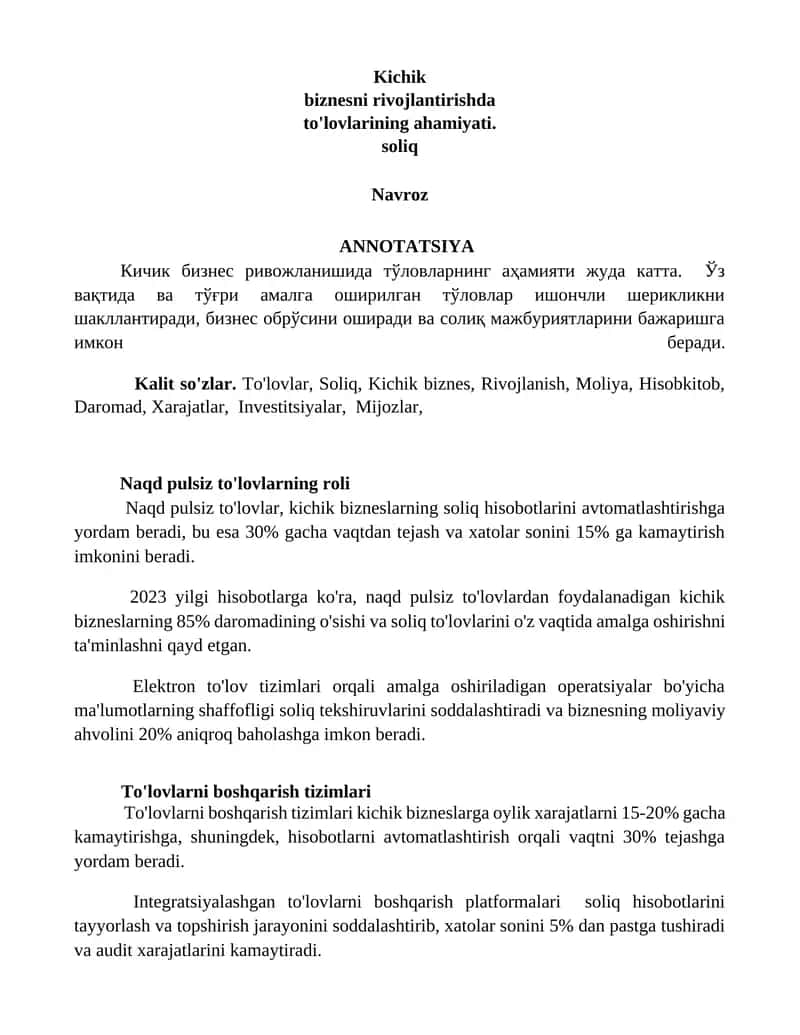 Kichik biznes rivojlantirishda to'lovlarining ahamiyati