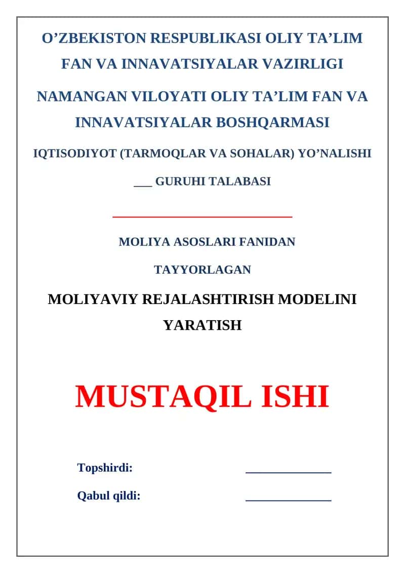 Moliyaviy rejalashtirish modelini yaratish