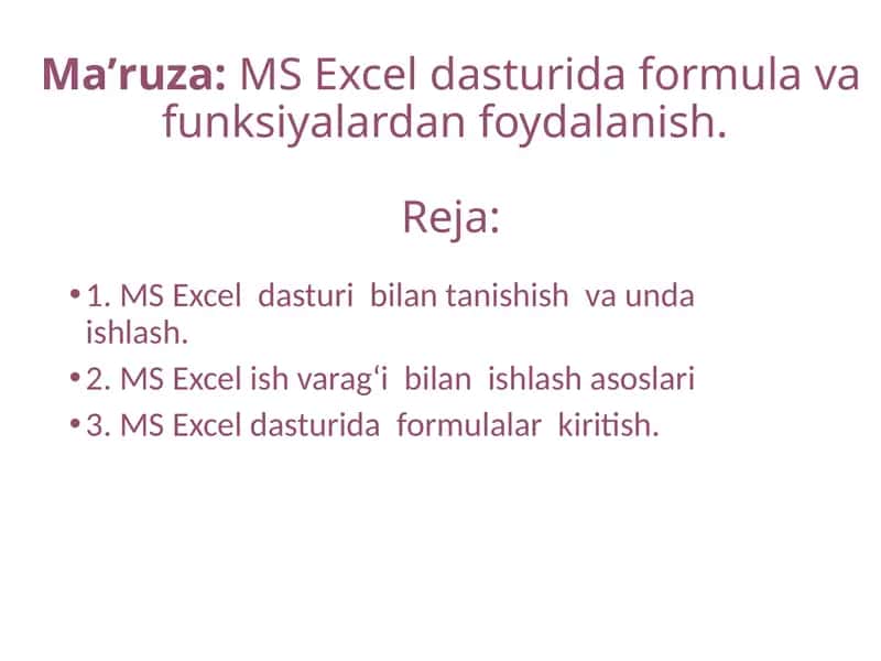 MS Excel dasturida formulalar