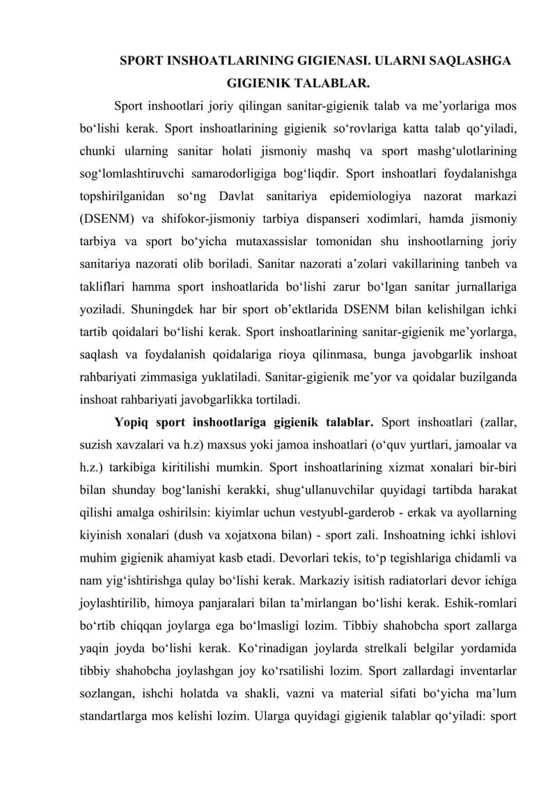 Sport inshootlarining gigienasi. Ularni saqlashga gigienik talablari