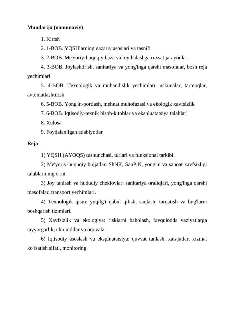 Mundarija (namunaviy)