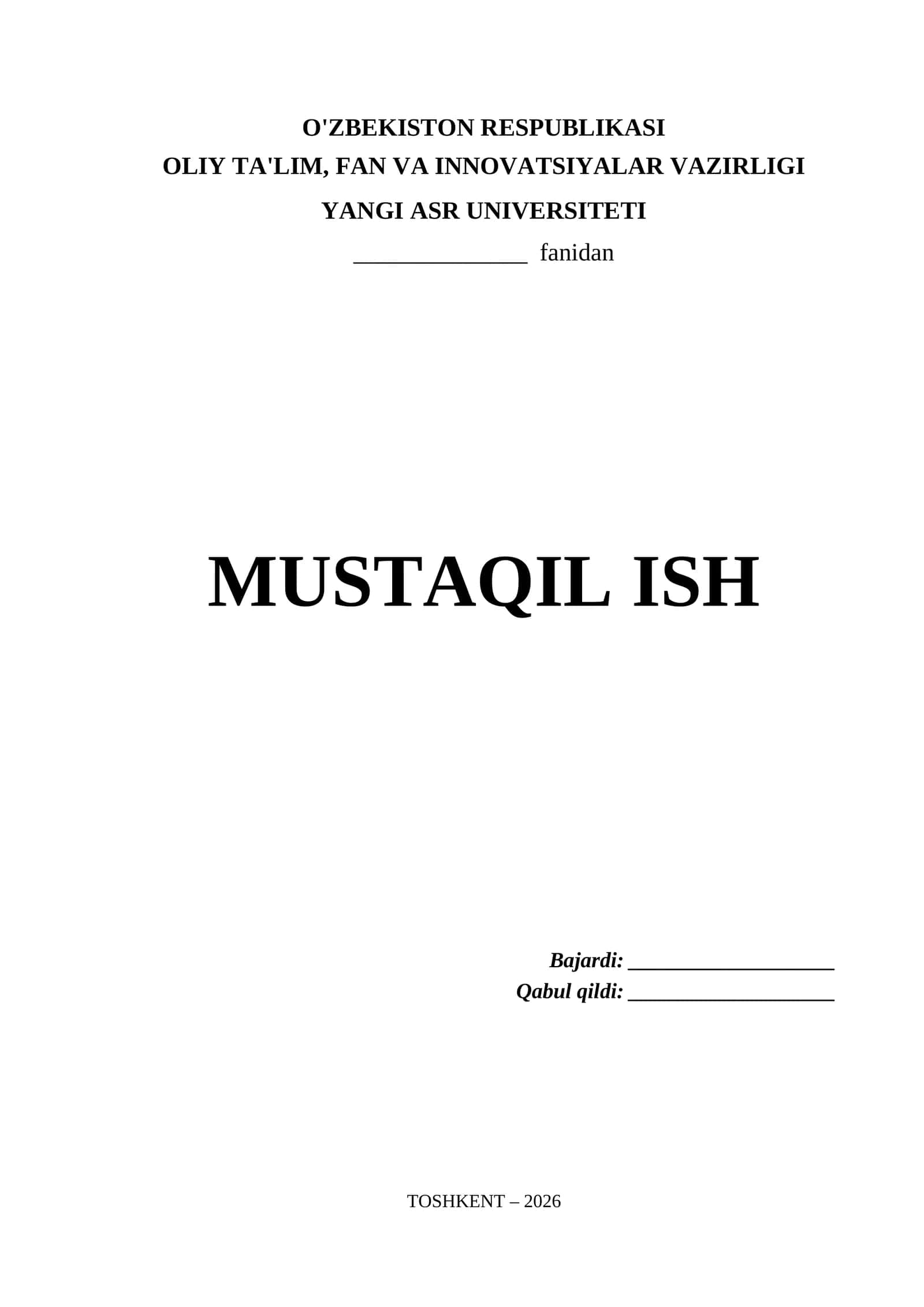 Yangi Asr Universiteti Mustaqil Ish Titul Varaq (.docx)