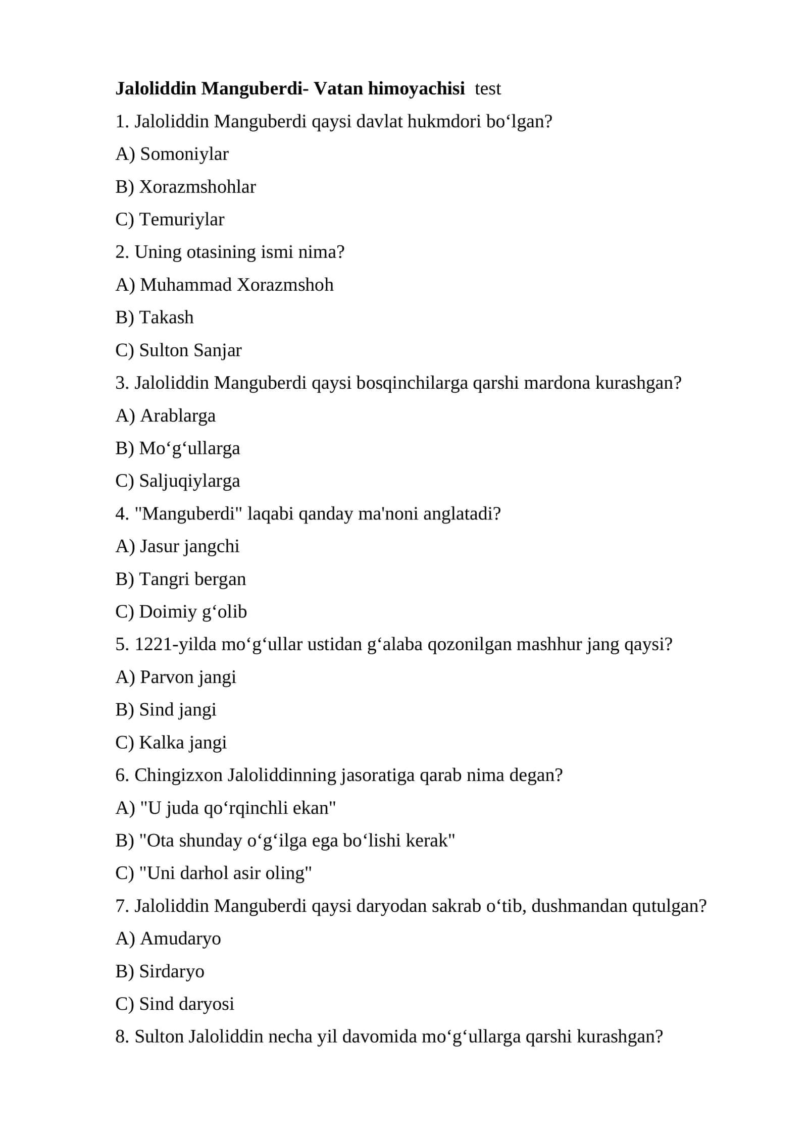 Jaloliddin Manguberdi test