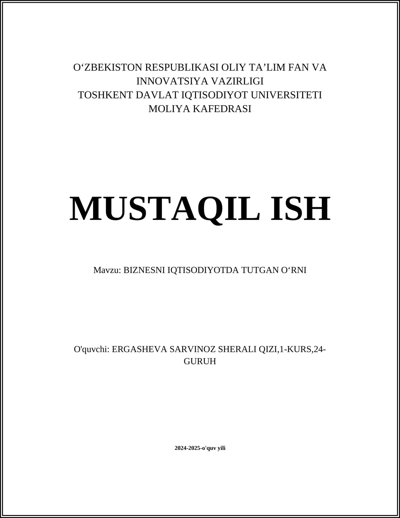 BIZNESNI IQTISODIYOTDA TUTGAN OʻRNI
