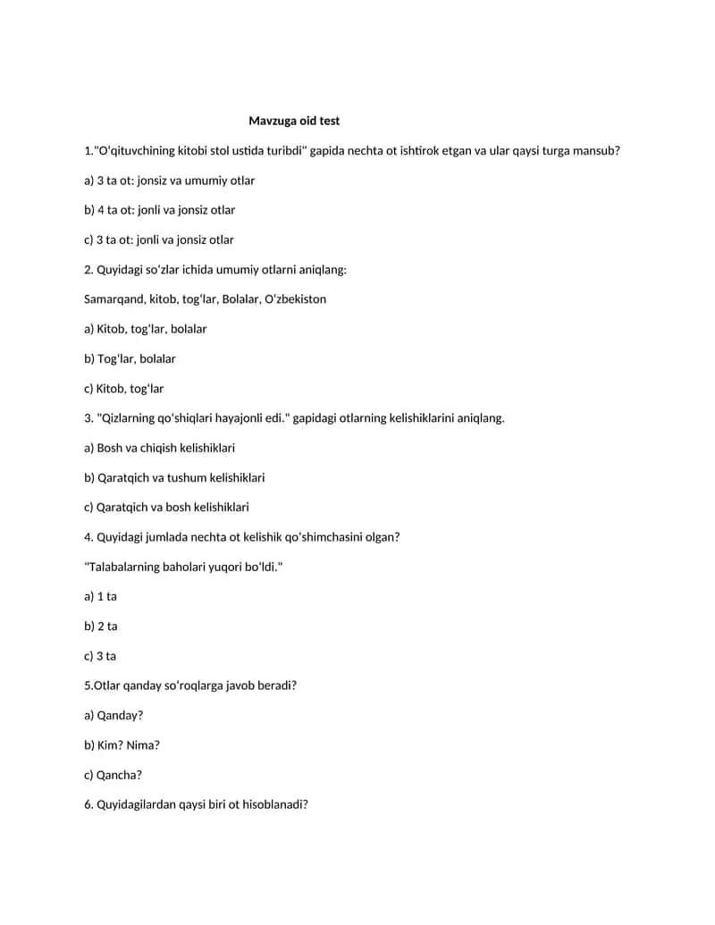 soʻz turkumlari boʻyicha test