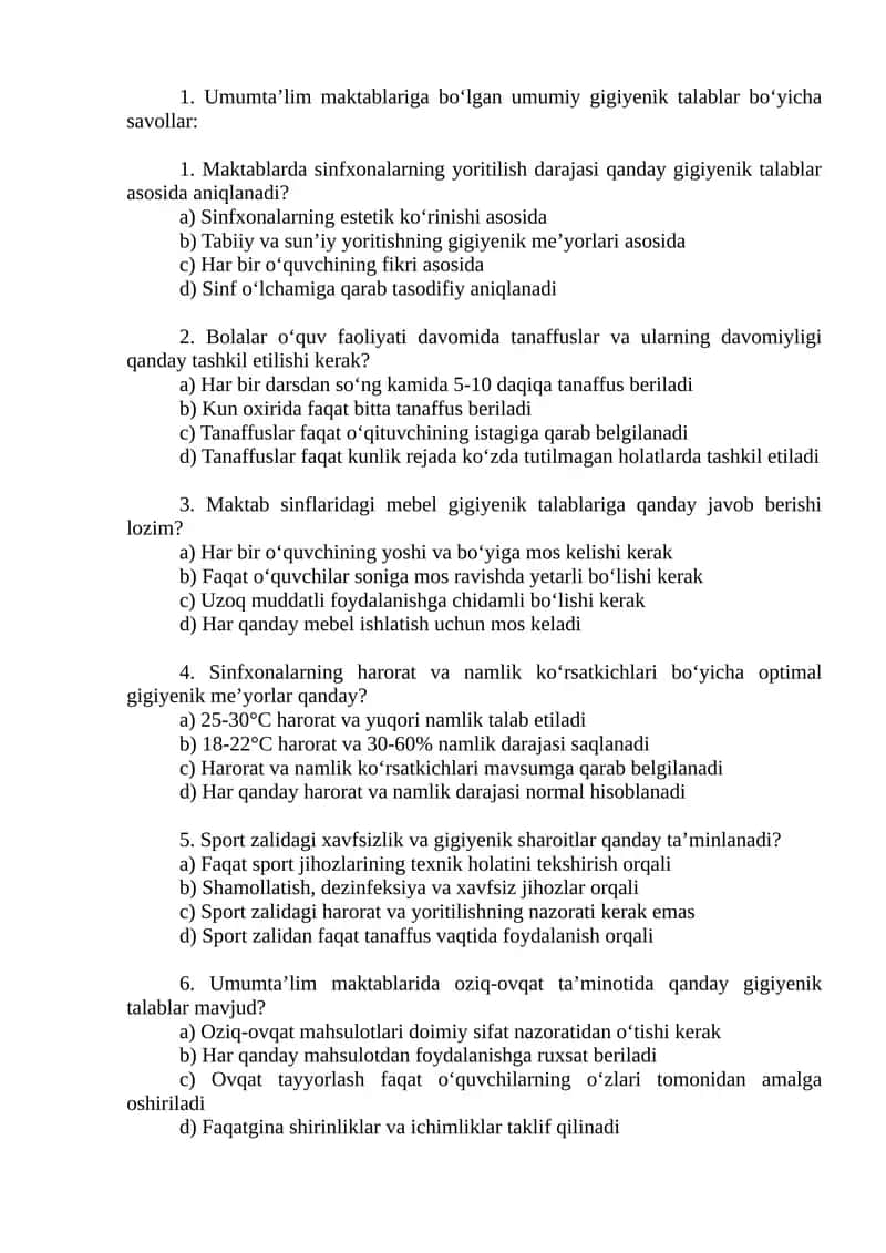 Umumta’lim maktablariga bo‘lgan umumiy gigiyenik talablar bo‘yicha savollar