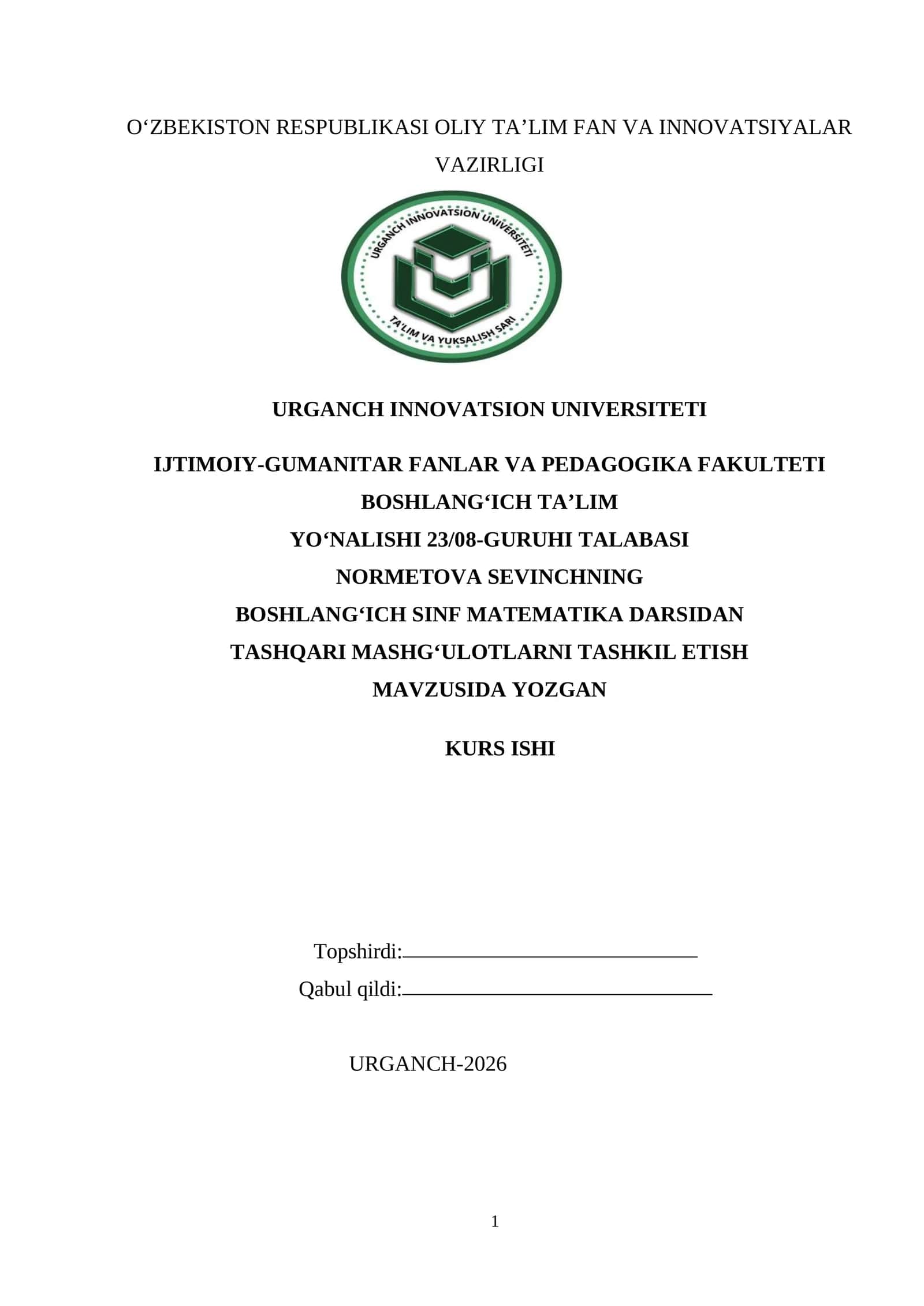 BOSHLANGʻICH SINF MATEMATIKA DARSIDAN TASHQARI MASHG‘ULOTLARNI TASHKIL ETISH