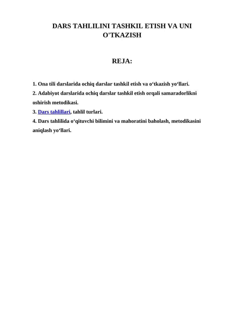 Dars tahlillari tashkil etish va uni o'tkazish