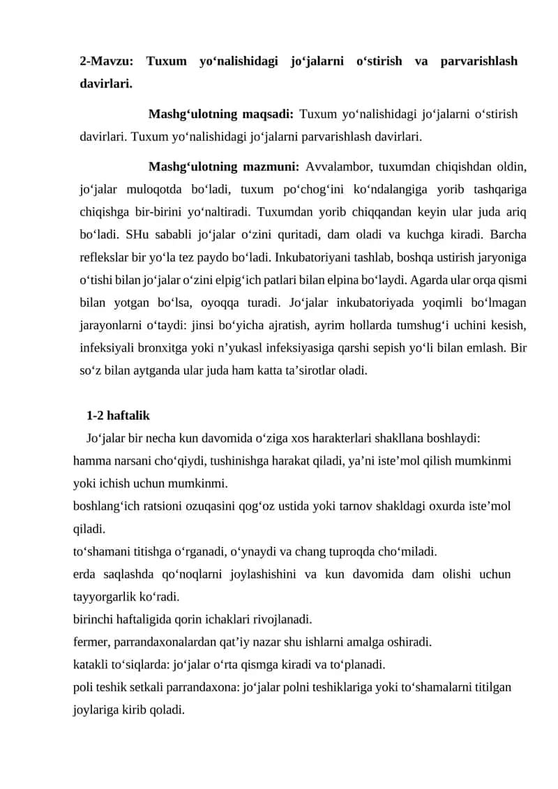 Tuxum yo‘nalishidagi jo‘jalarni o‘stirish va parvarishlash davirlari