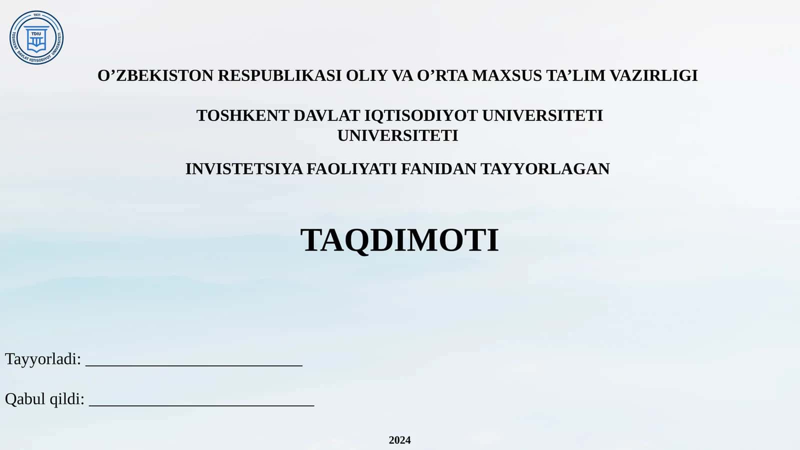 INVISTETSIYA FAOLIYATIFANIDAN TAYYORLAGAN TAQDIMOTI