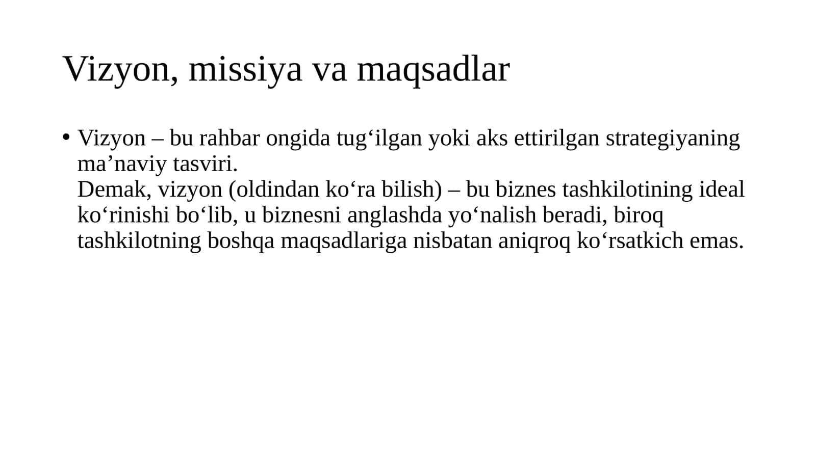 Vizyon, missiya va maqsadlar