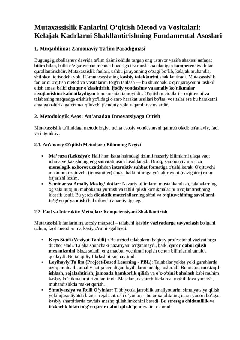 Mutaxassislik Fanlarini O‘qitish Metod va Vositalari: Kelajak Kadrlarni Shakllantirishning Fundamental Asoslari