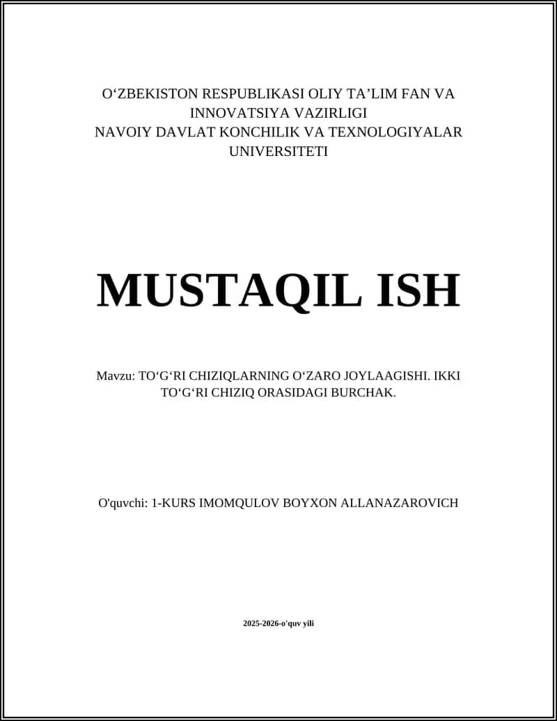 TOʻGʻRI CHIZIQLARNING OʻZARO JOYLAAGISHI