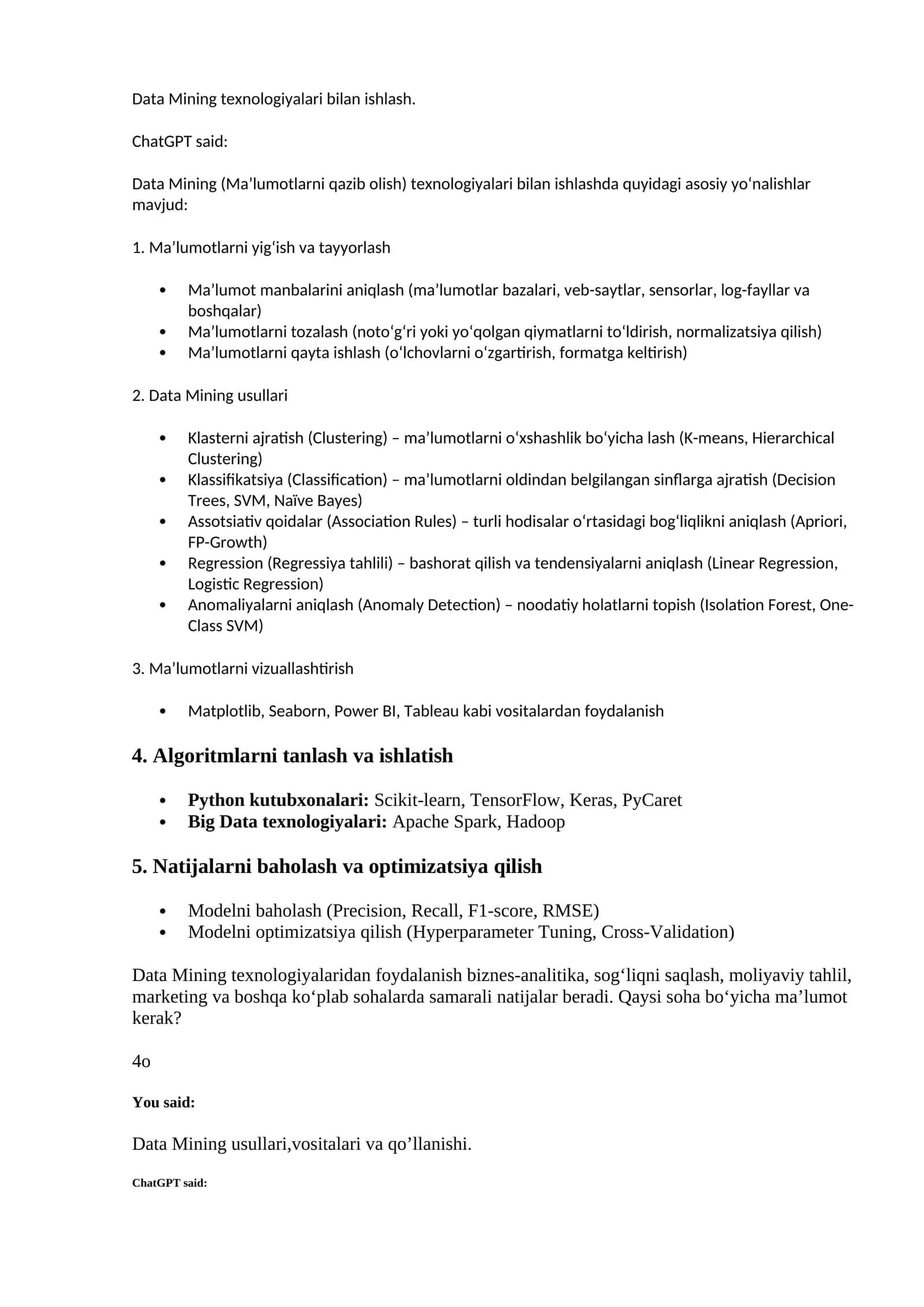 Data Mining texnologiyalari bilan ishlash