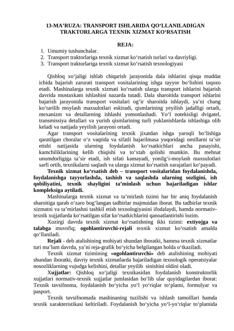 TRANSPORT ISHLARIDA QO‘LLANILADIGAN TRAKTORLARGA TEXNIK XIZMAT KO‘RSATISH