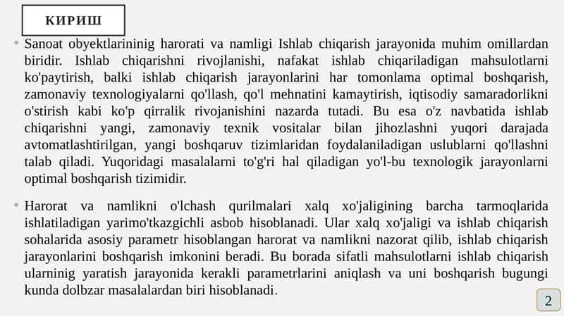 Sanoat obyektlarida harorat va namlikni optimal boshqarish