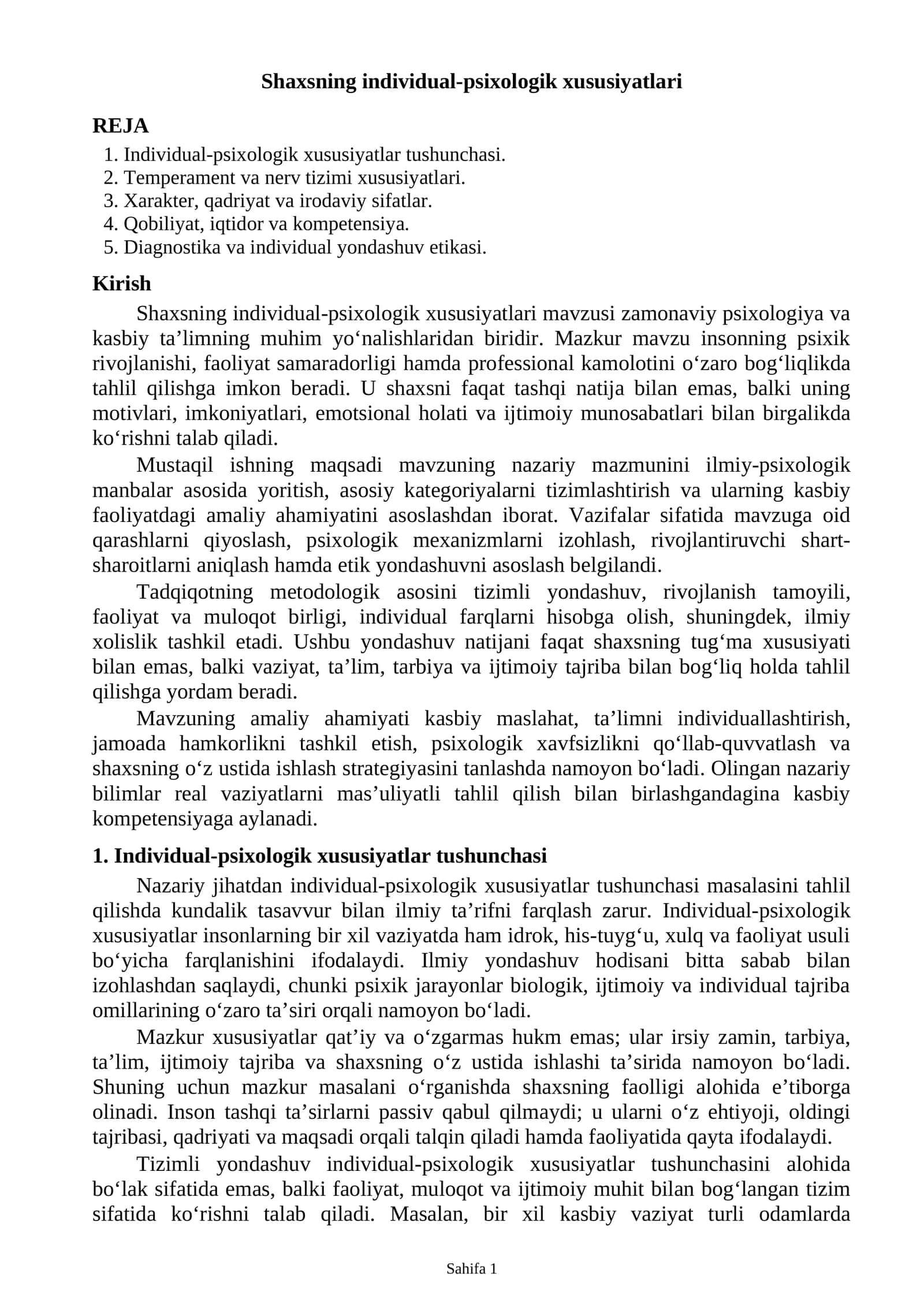 Shaxsning individual-psixologik xususiyatlari