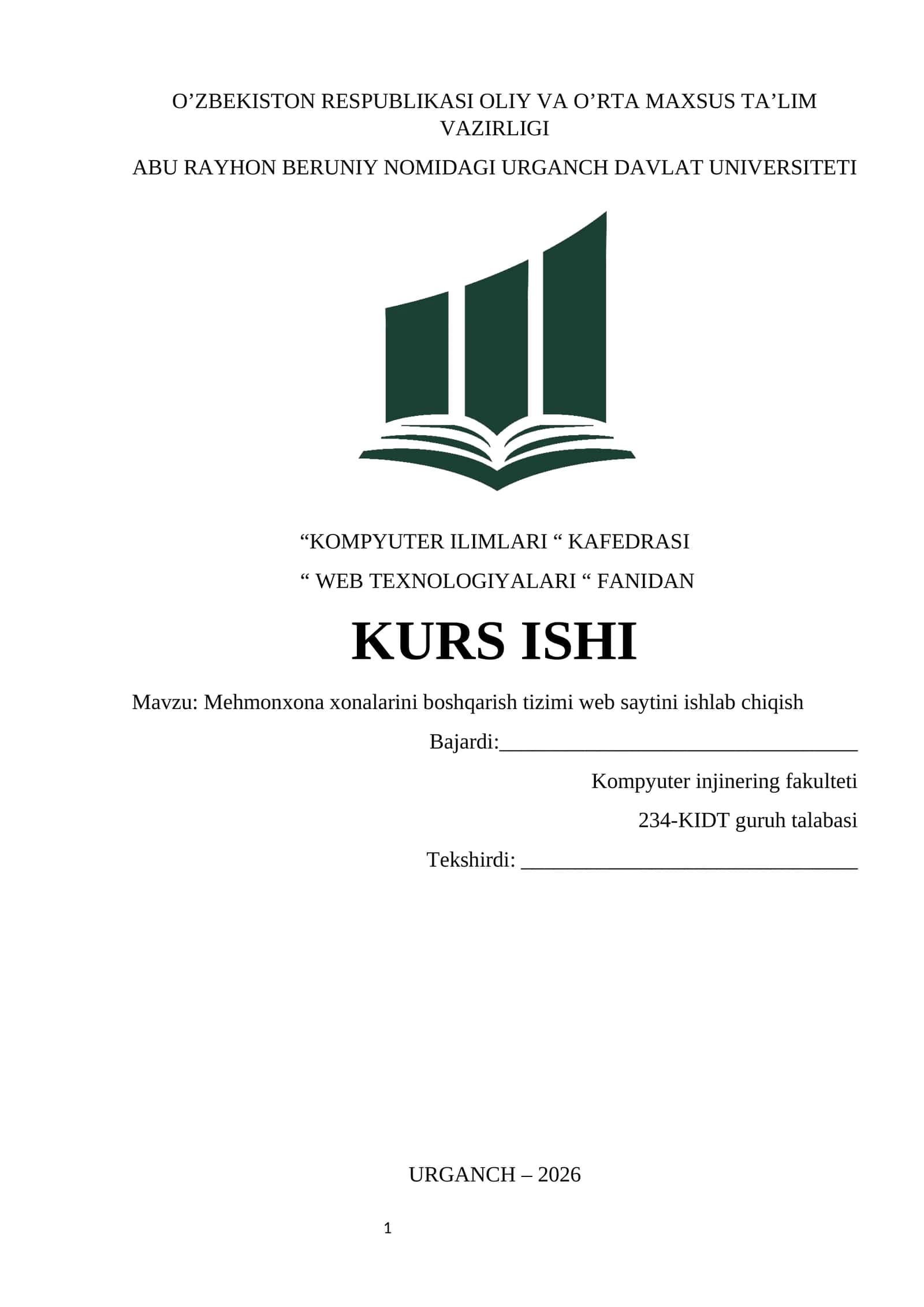Mehmonxona xonalarini boshqarish tizimi web saytini ishlab chiqish