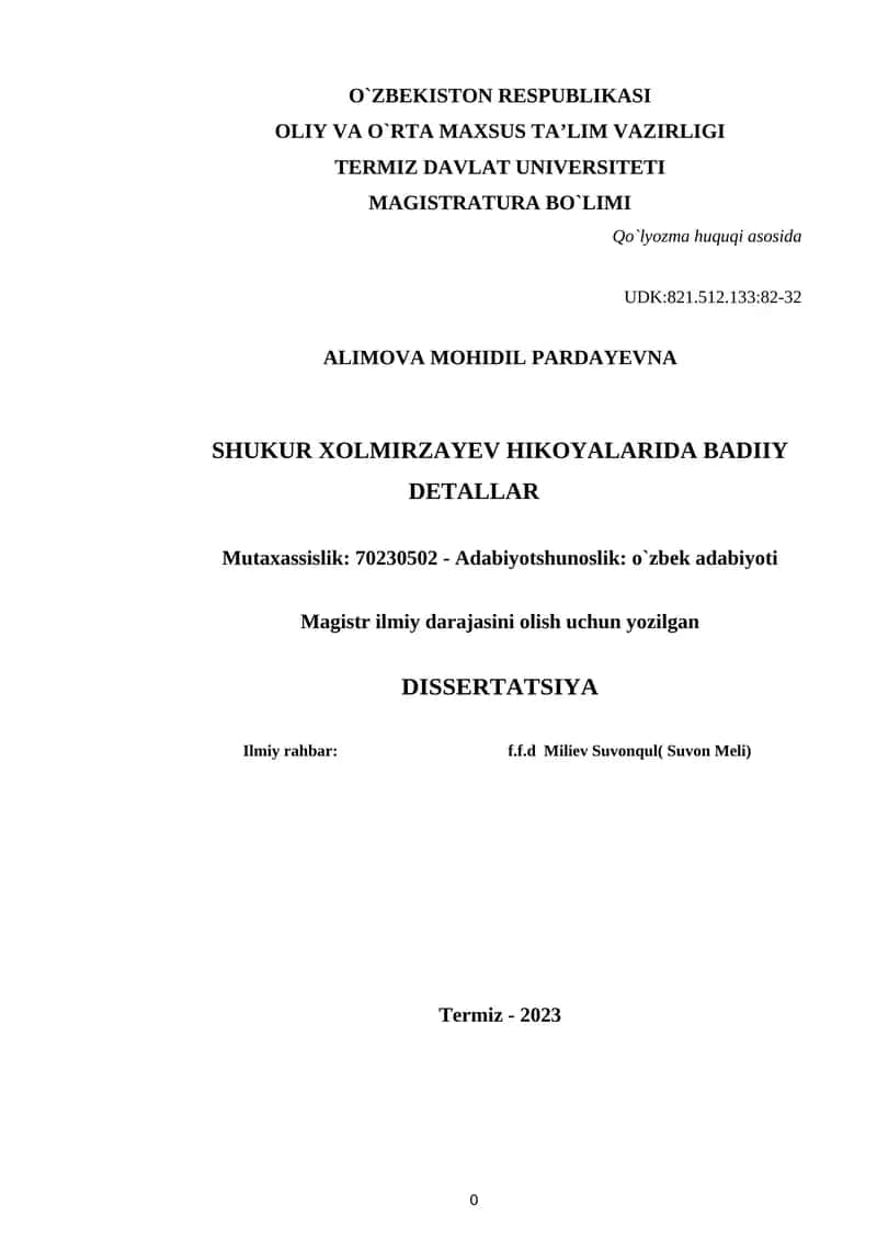 SHUKUR XOLMIRZAYEV HIKOYALARIDA BADIIY DETALLAR