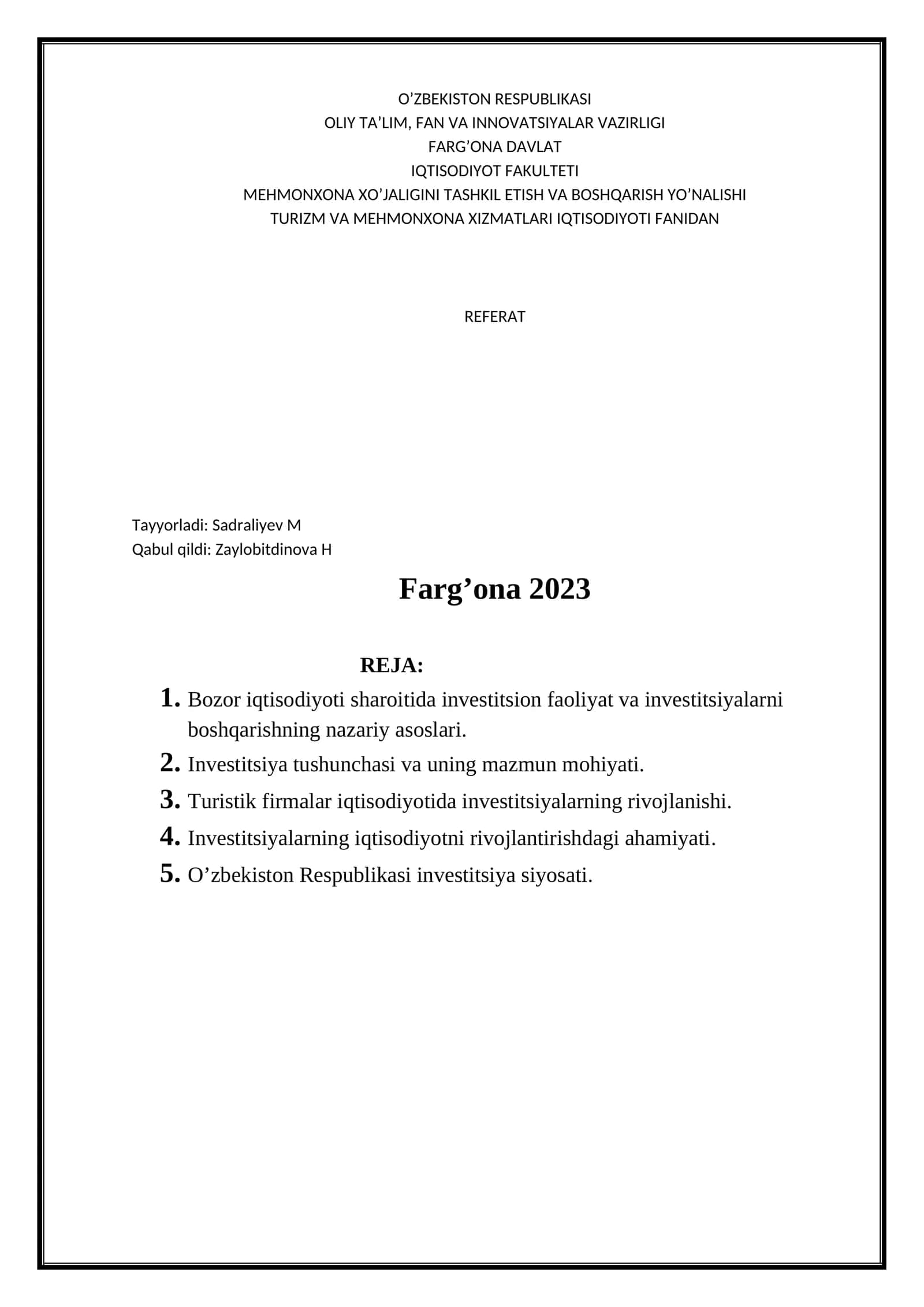 TURIZM VA MEHMONXONA XIZMATLARI IQTISODIYOTI FANIDAN REFERAT