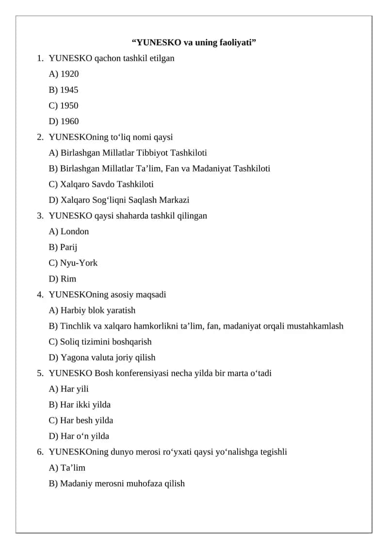YUNESKO va uning faoliyati
