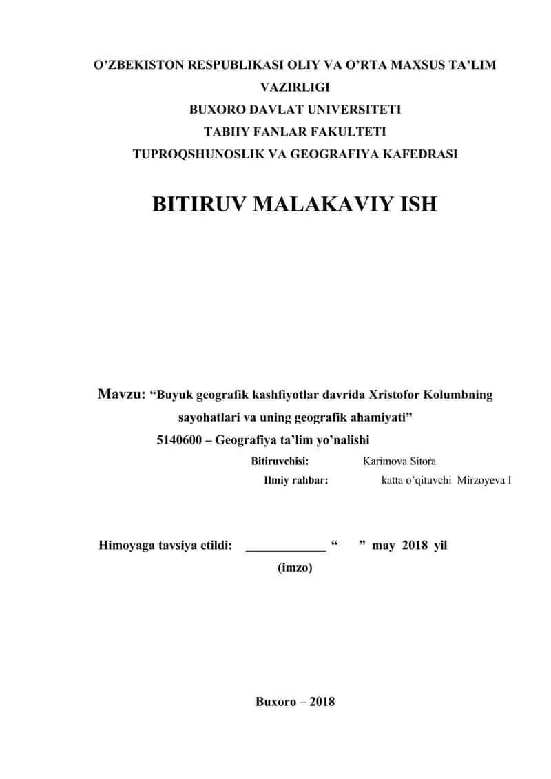 Buyuk geografik kashfiyotlar davrida Xristofor Kolumbning sayohatlari va uning geografik ahamiyati