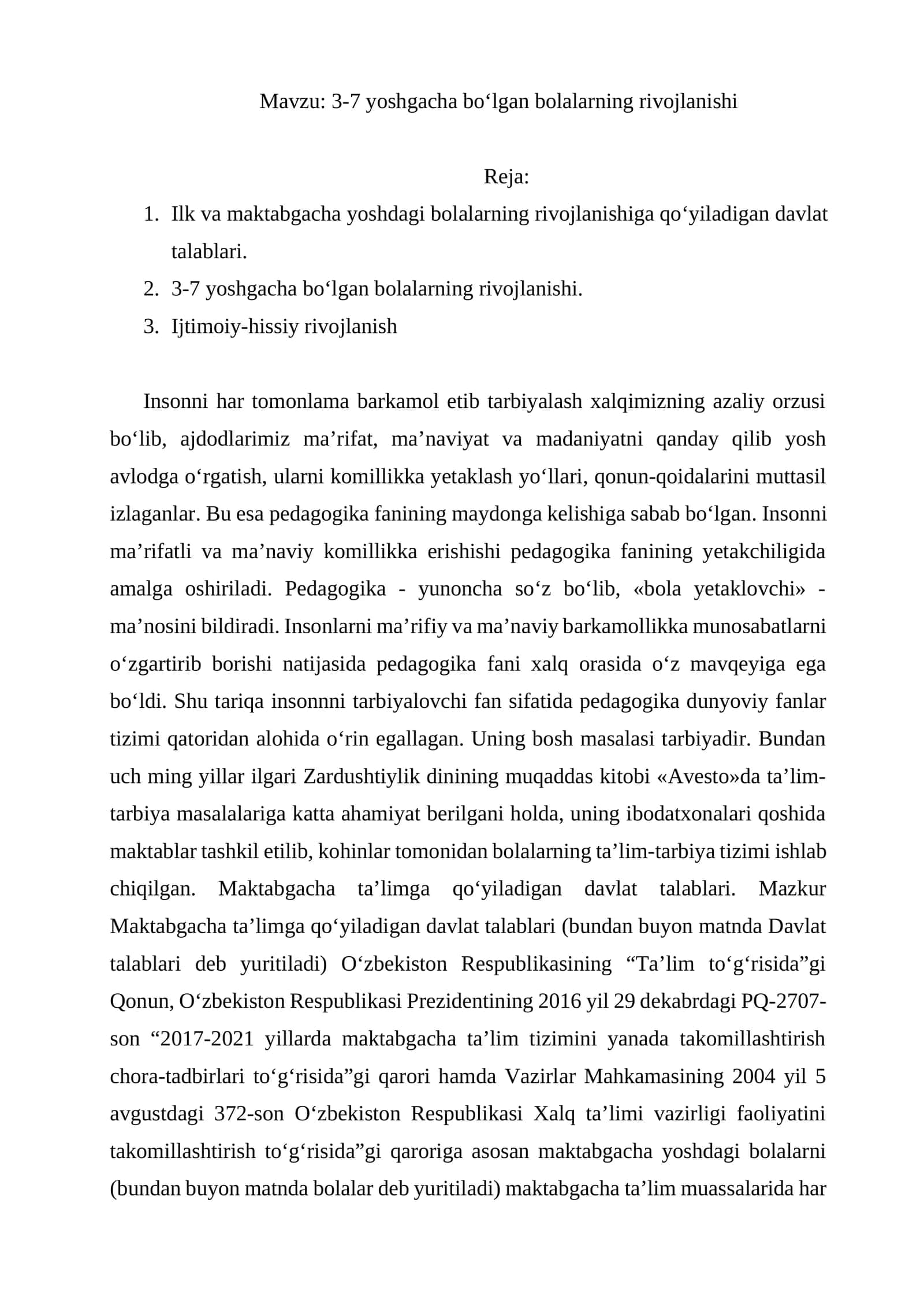 3-7 yoshgacha bo‘lgan bolalarning rivojlanishi