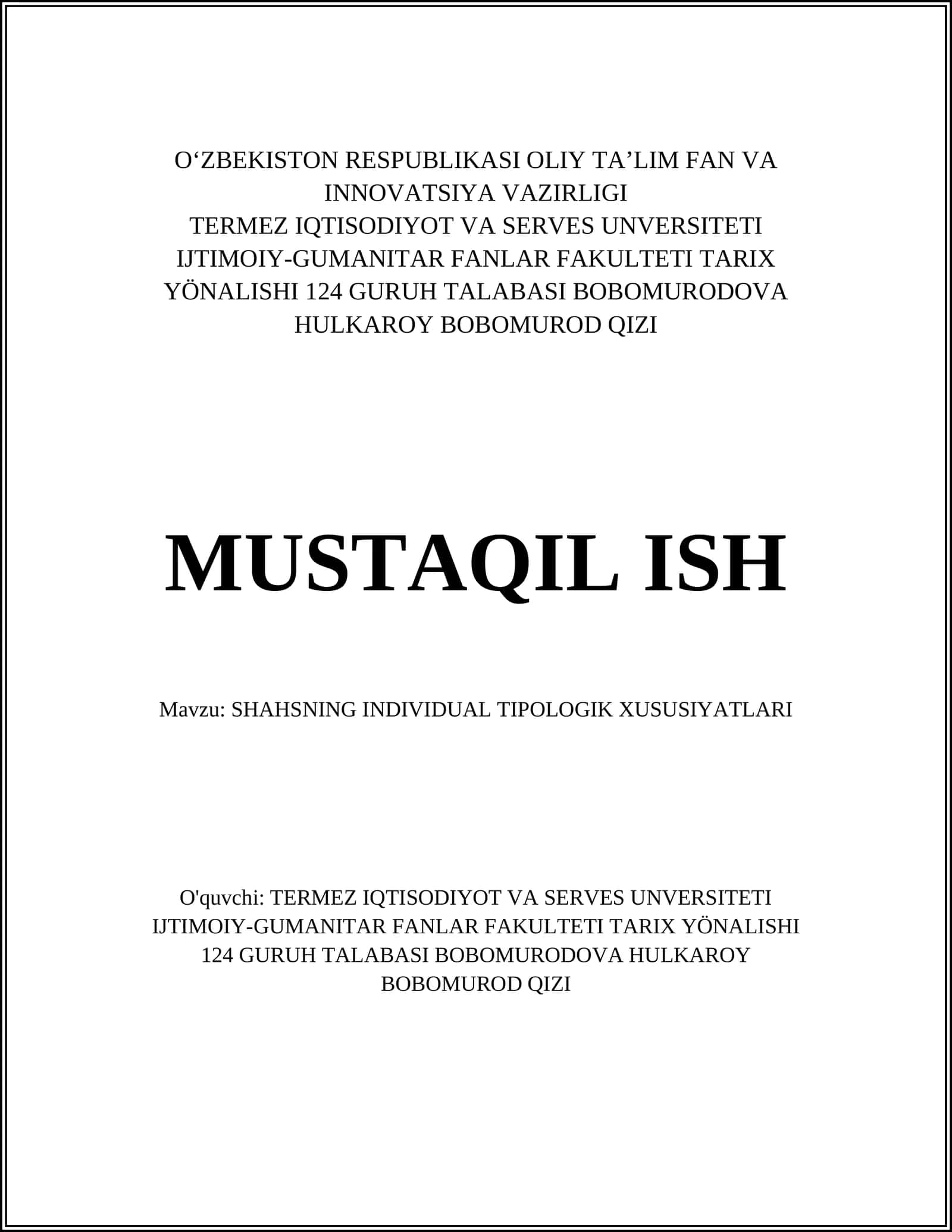 SHAHSNING INDIVIDUAL TIPOLOGIK XUSUSIYATLARI