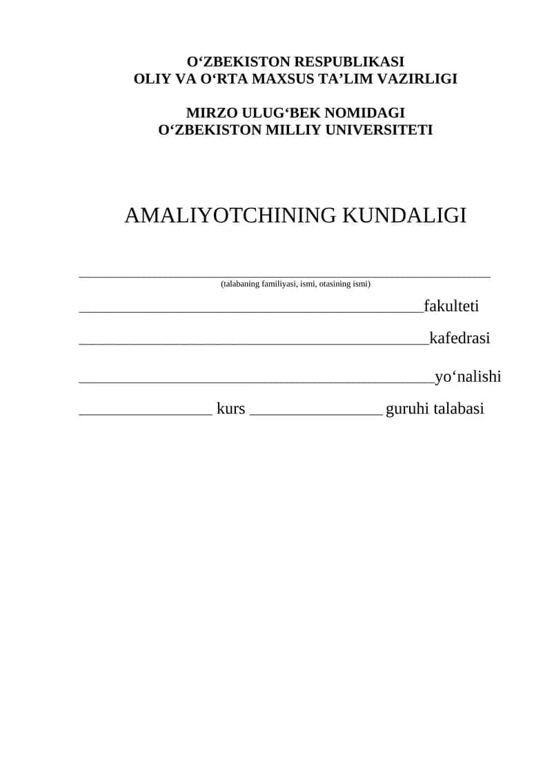 AMALIYOTCHI TALABALARNING AMALIYOT DAVRIDA MA'LUMOTLARNI MUXLAR UCHUN AMALIYOT KUNDALIGI