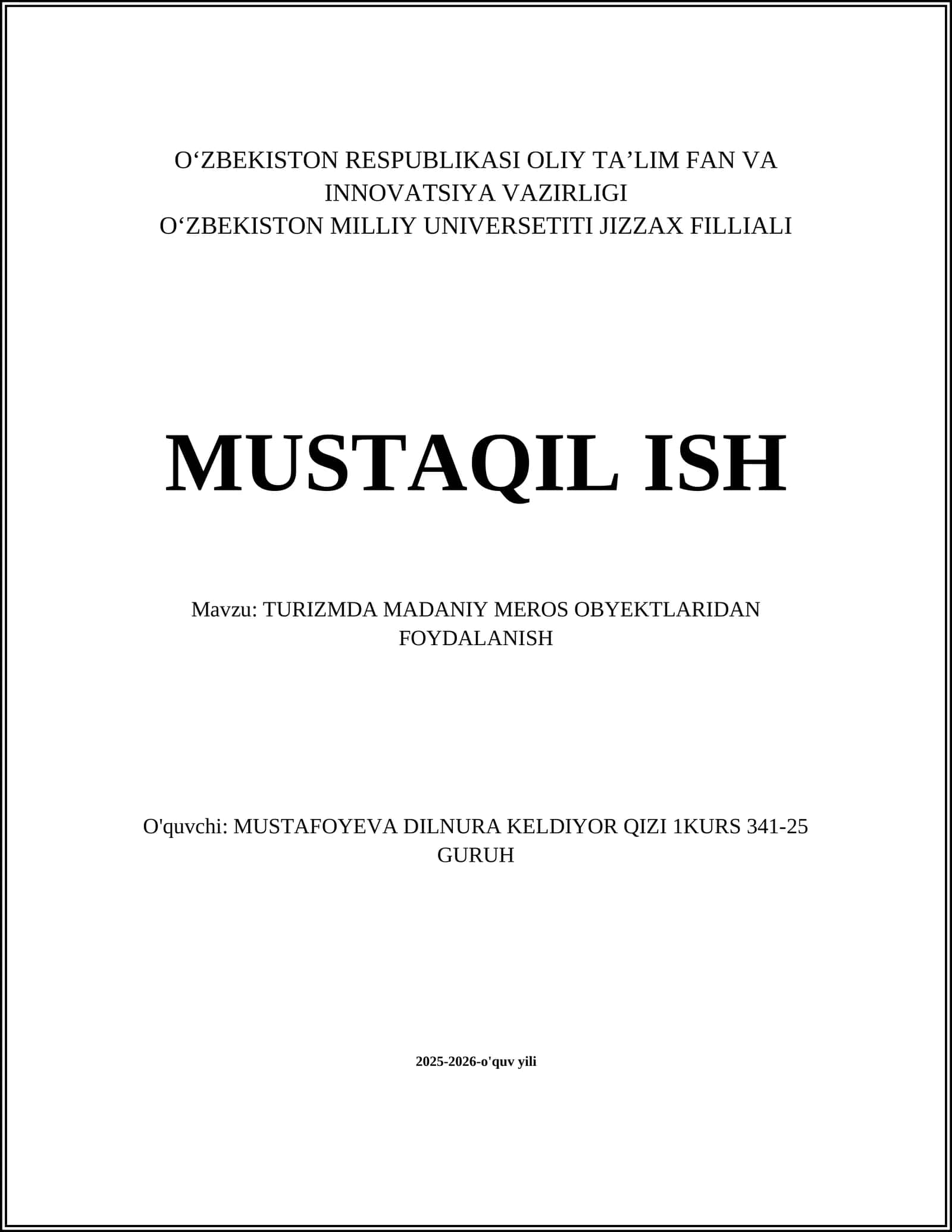 TURIZMDA MADANIY MEROS OBYEKTLARIDAN FOYDALANISH