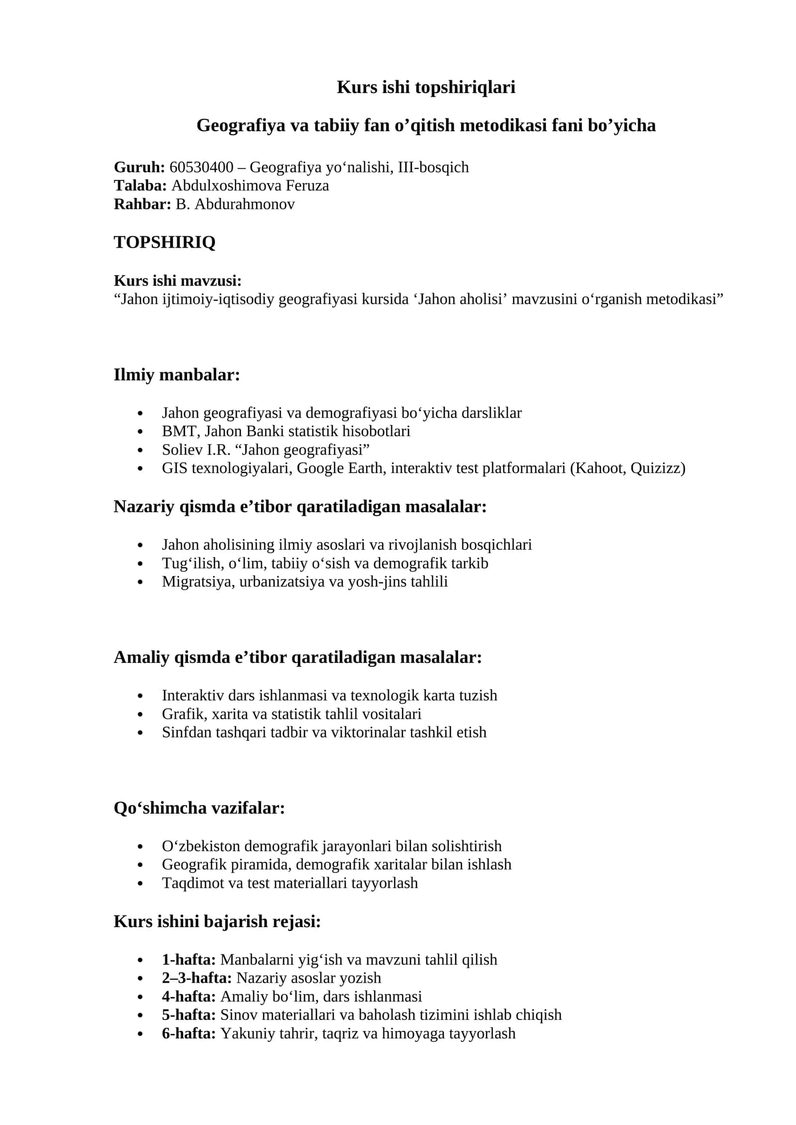Jahon ijtimoiy-iqtisodiy geografiyasi kursida ‘Jahon aholisi’ mavzusini o‘rganish metodikasi