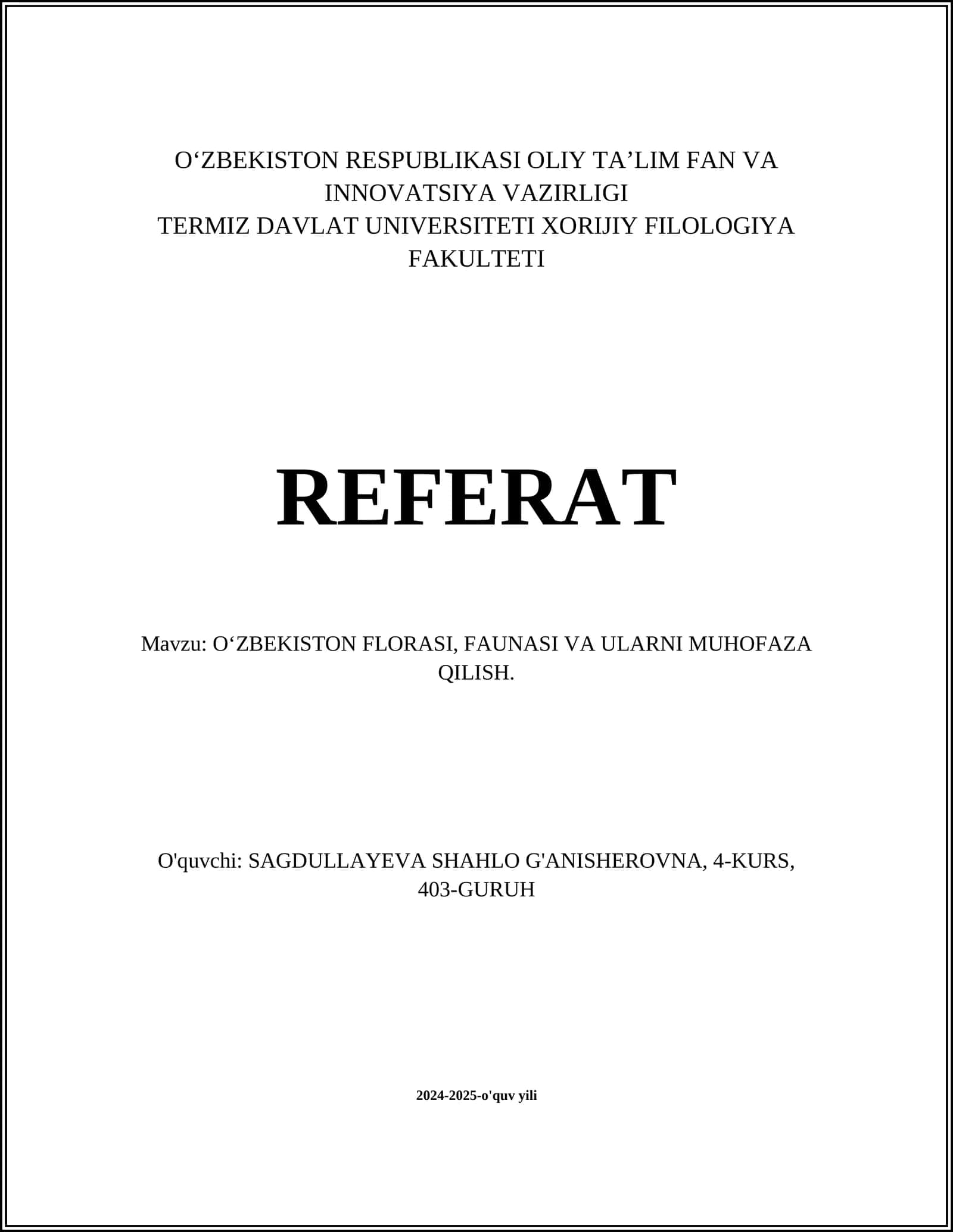 O‘ZBEKISTON FLORASI, FAUNASI VA ULARNI MUHOFAZA QILISH