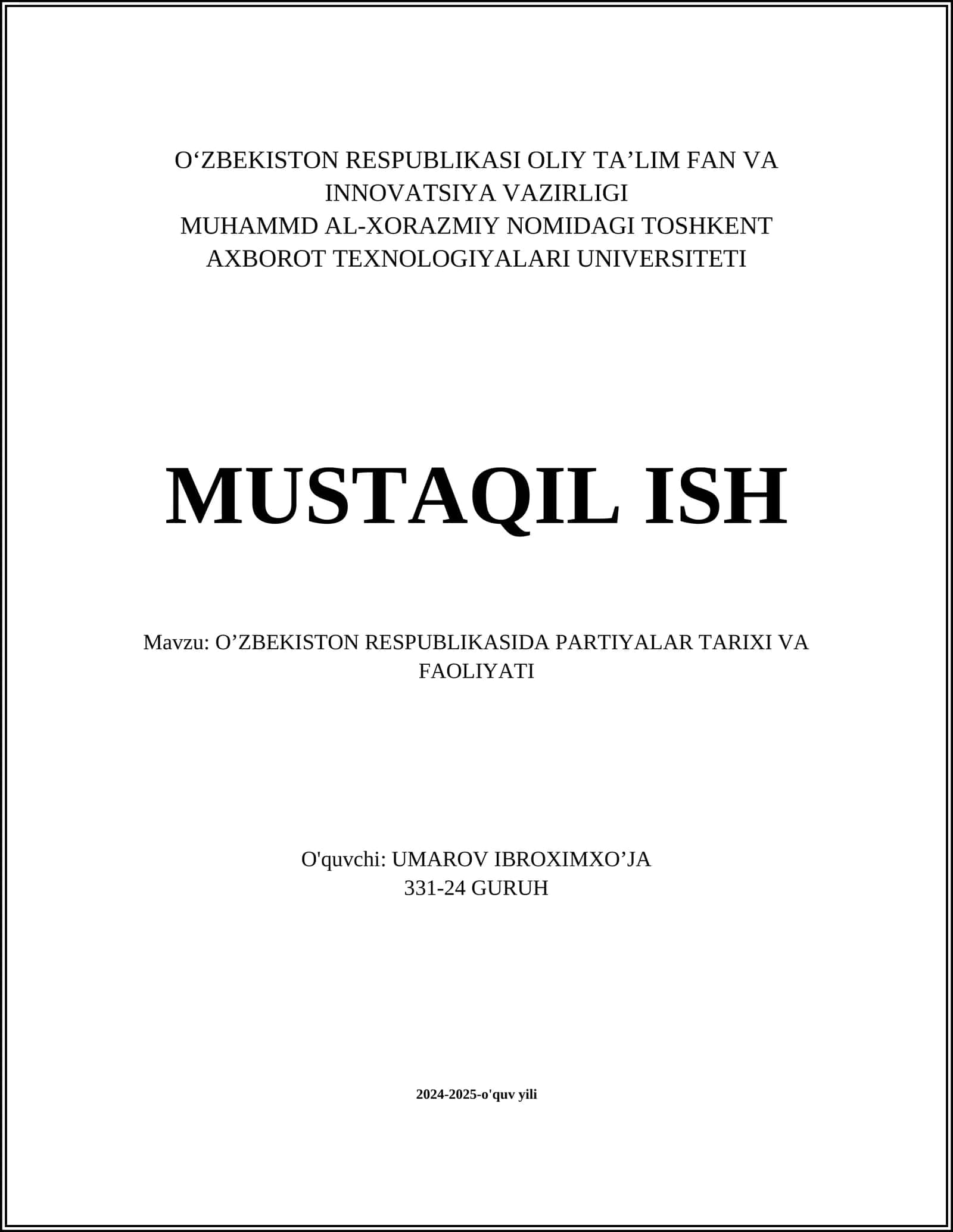 O'ZBEKISTON RESPUBLIKASIDA PARTIYALAR TARIXI VA FAOLIYATI