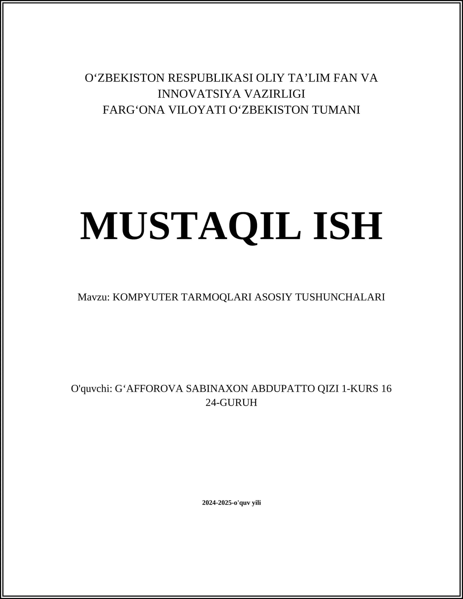 KOMPYUTER TARMOQLARI ASOSIY TUSHUNCHALARI