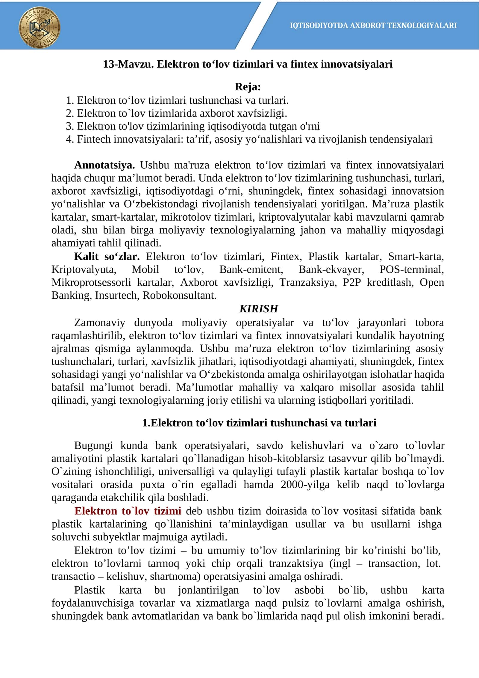 Elektron to‘lov tizimlari va fintex innovatsiyalari