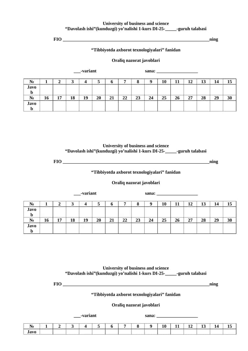 “Tibbiyotda axborot texnologiyalari” fanidan Oraliq nazorat javoblari
