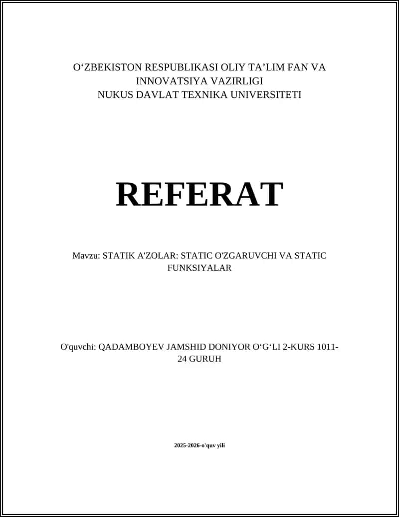 STATIK A'ZOLAR: STATIC O'ZGARUVCHI VA STATIC FUNKSIYALAR