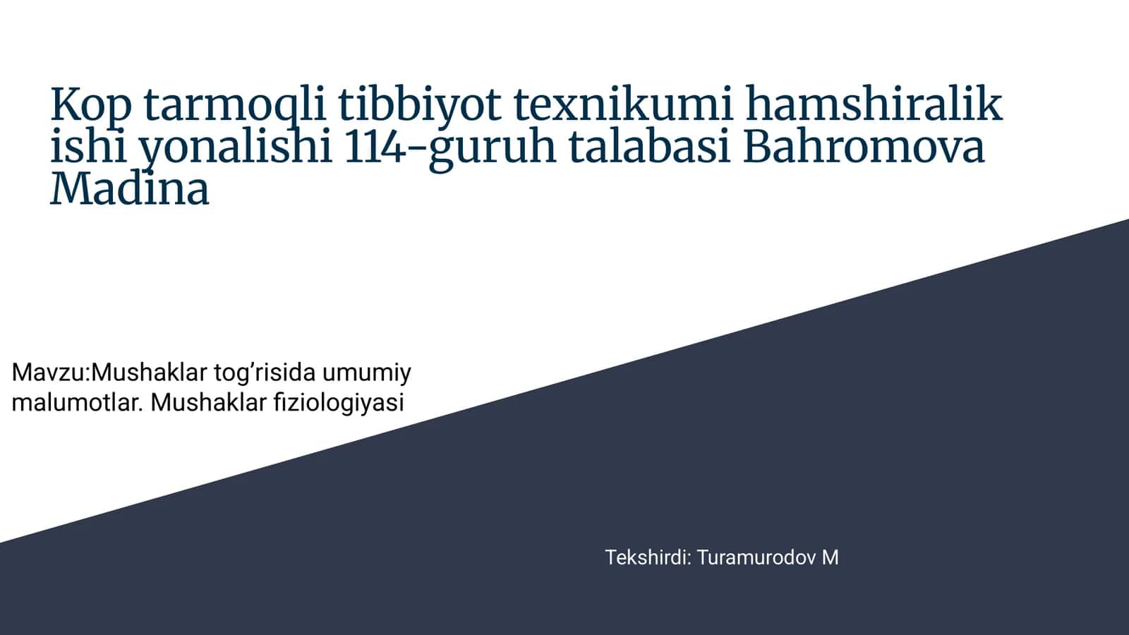 Mushaklar tana vaznining 30-40% ini tashkil etuvchi, qisqarish orqali harakat, tana holati va issiqlikni ta'minlovchi faol tayanch-harakat tizimidir