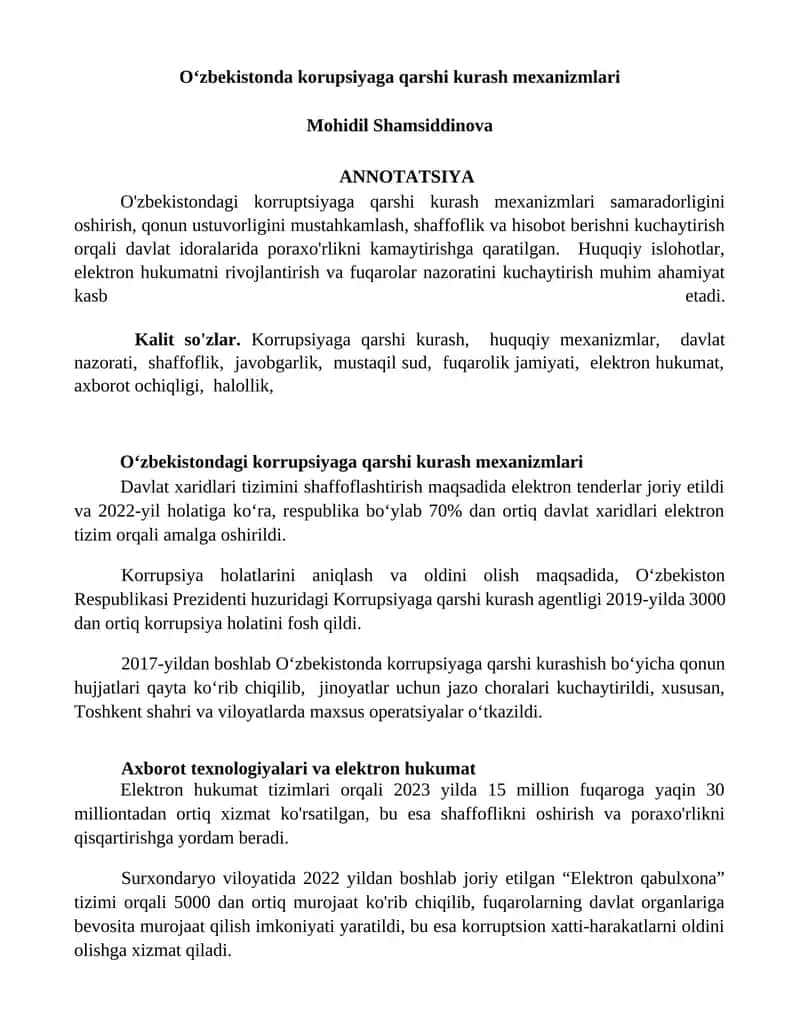 Oʻzbekistonda korupsiyaga qarshi kurash mexanizmlari