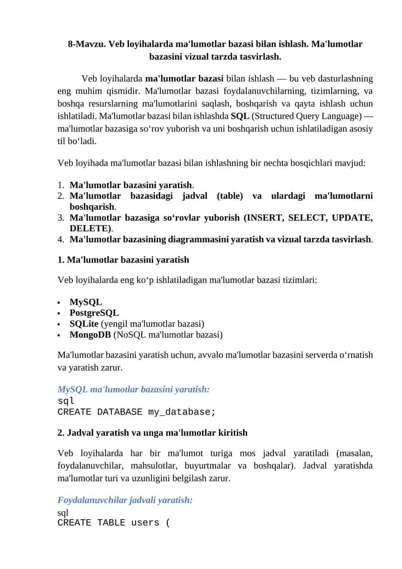 Veb loyihalarda ma'lumotlar bazasi bilan ishlash