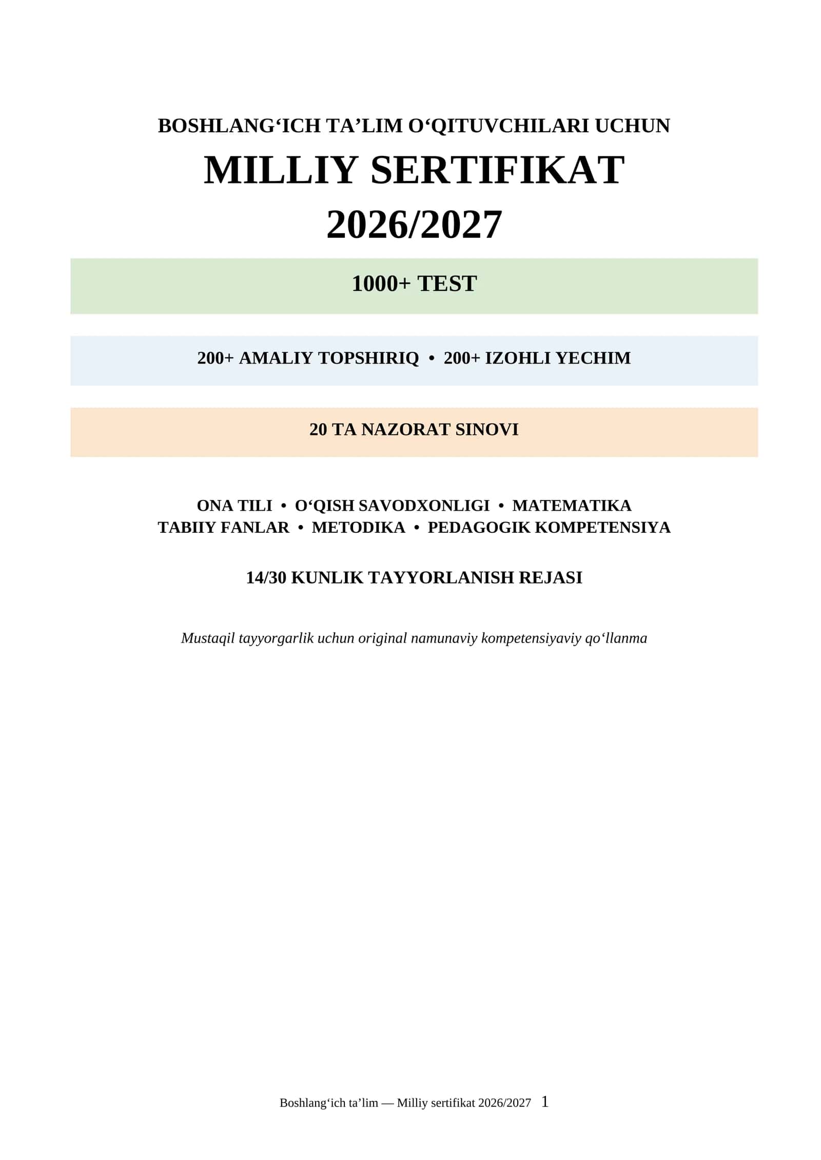 Boshlang‘ich ta’lim Milliy sertifikati 2026/2027 | 1000+ test + 200+ amaliy topshiriq + 20 sinov