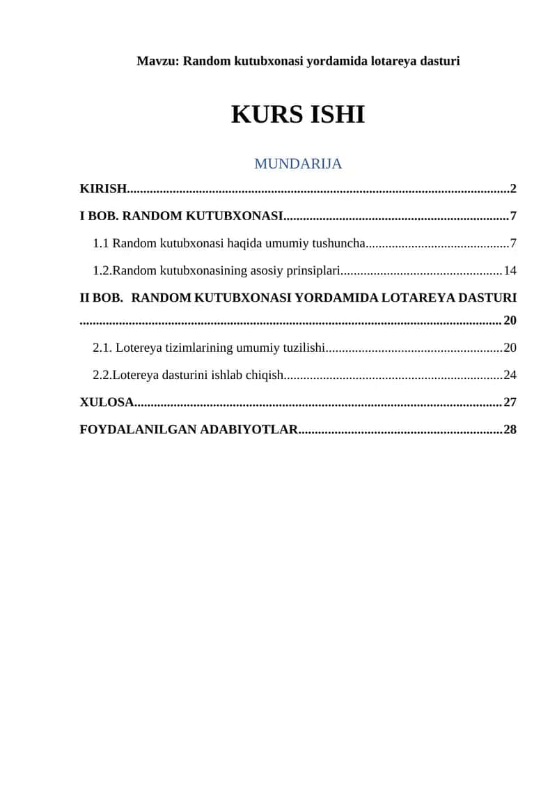 Random kutubxonasi yordamida lotareya dasturi