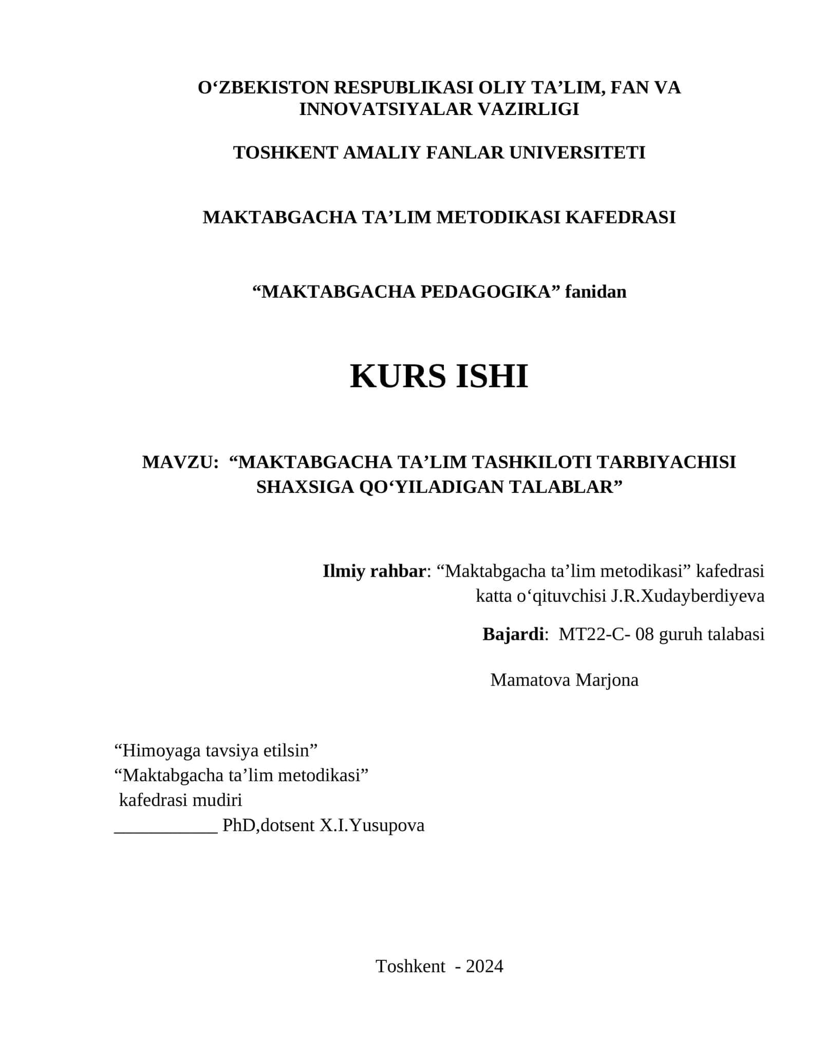 MAKTABGACHA TA’LIM TASHKILOTI TARBIYACHISI SHAXSIGA QOʻYILADIGAN TALABLAR”