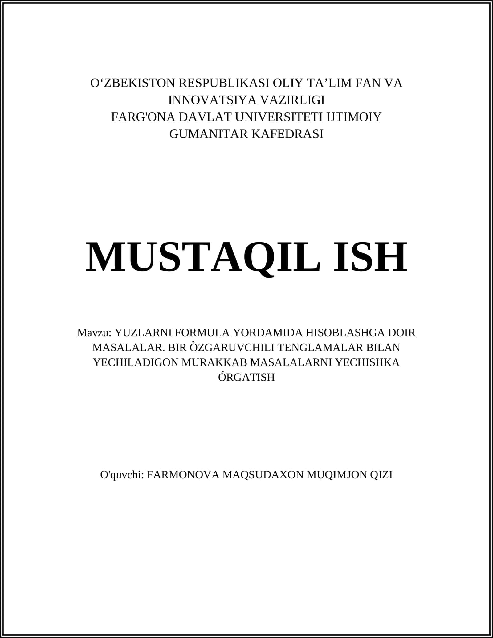 YUZLARNI FORMULA YORDAMIDA HISOBLASHGA DOIR MASALALAR. BIR ÒZGARUVCHILI TENGLAMALAR BILAN YECHILADIGON MURAKKAB MASALALARNI YECHISHKA ÓRGATISH